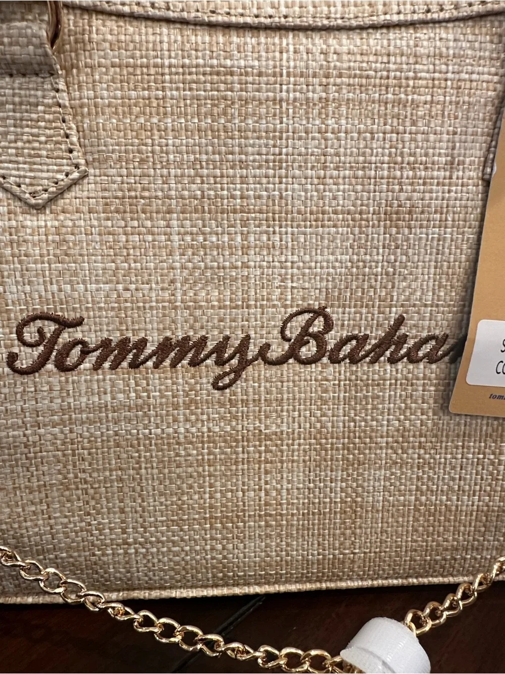 Tommy Bahama Beige Woven Tote with Bamboo Handles & Gold Chain